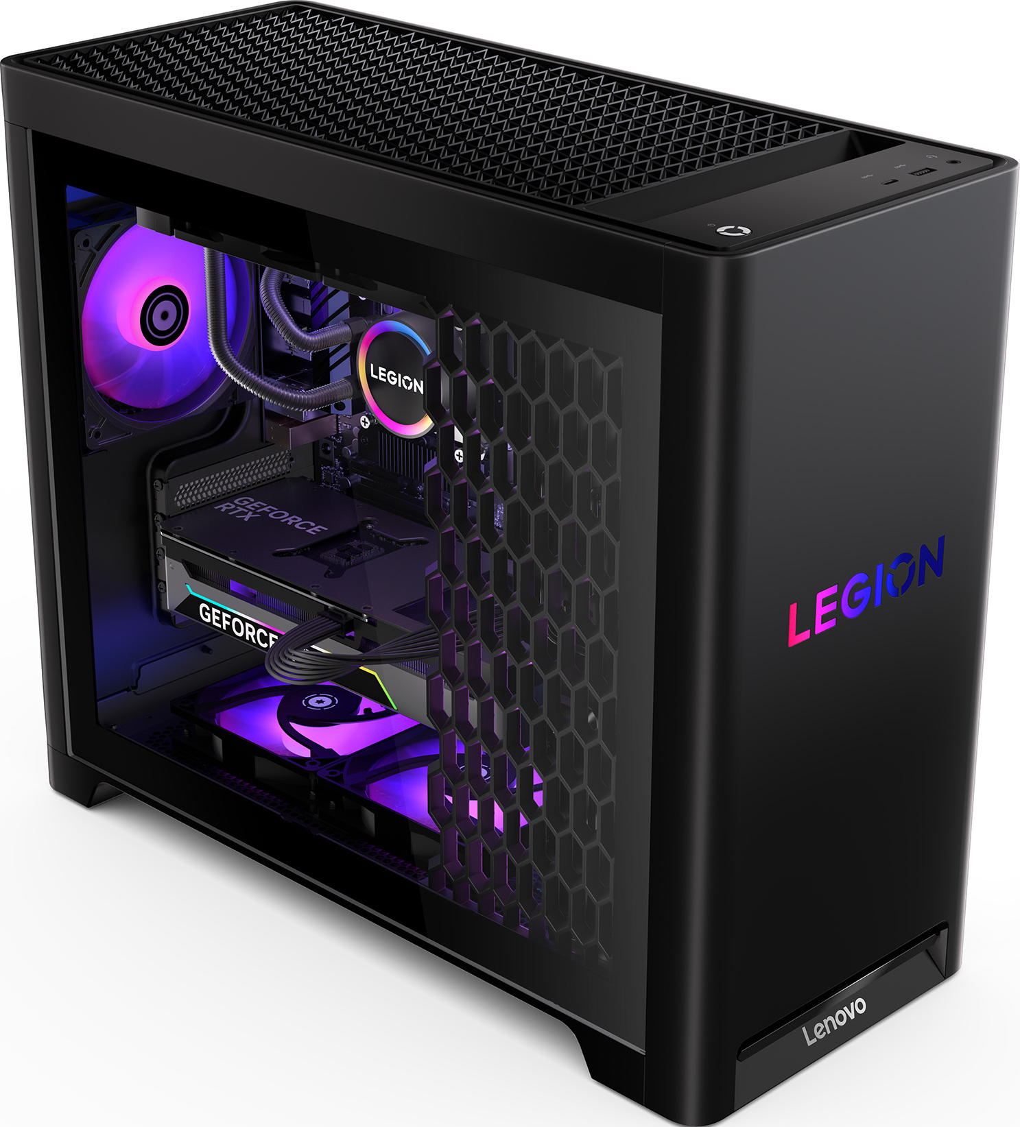 PC desktop Lenovo Legion nero. Presenta componenti interni visibili attraverso un pannello laterale, illuminati con luci viola e blu.