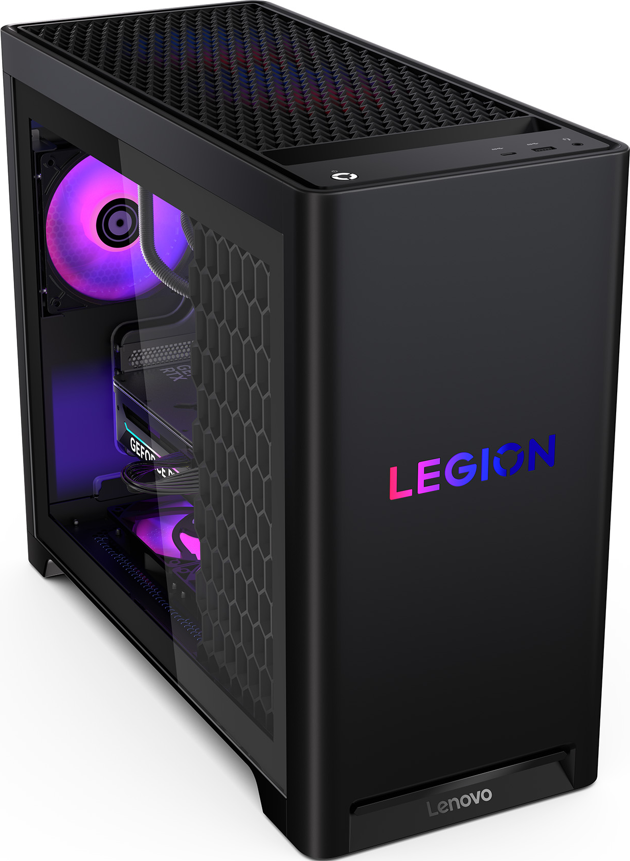Computer desktop Lenovo Legion nero con pannello laterale in vetro. L'interno ha luci rosa e viola, ed è visibile il logo Legion.