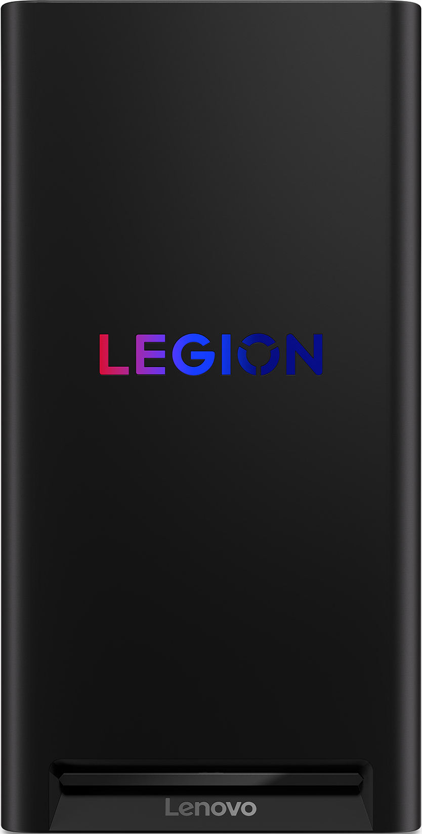 Dispositivo Lenovo Legion nero con il logo Legion a gradienti. Lenovo è scritto in basso.