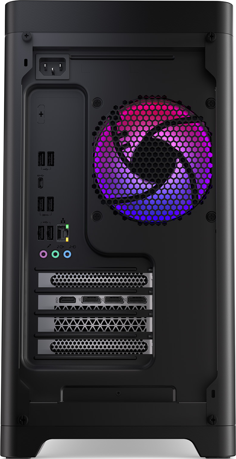 Retro del case del computer nero. Sono visibili porte, ventola con luci colorate e ingresso alimentazione.