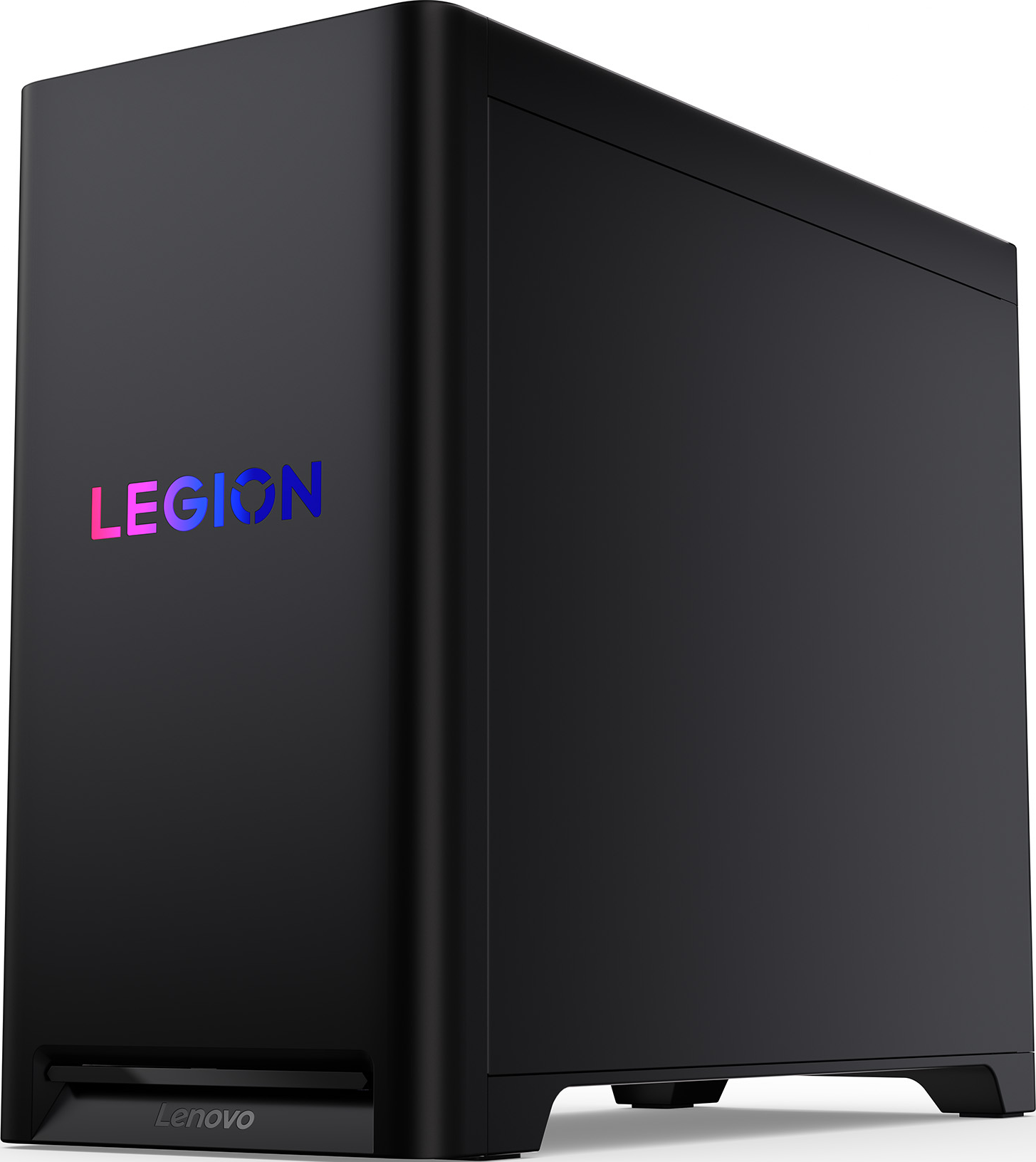 Torre PC Lenovo Legion nera. La parola 'LEGION' è sulla parte anteriore in rosa e blu. Il logo Lenovo è in basso.
