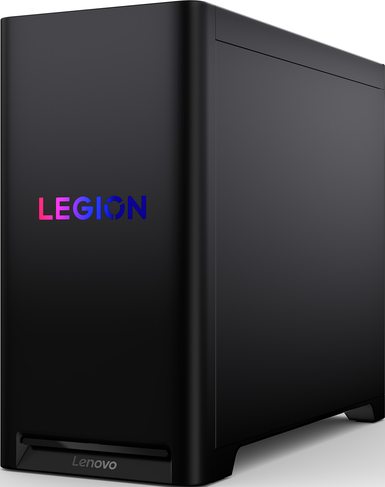 Un computer desktop Lenovo Legion nero. La parola LEGION è sulla parte anteriore in gradiente colorato. La parola Lenovo è in basso.