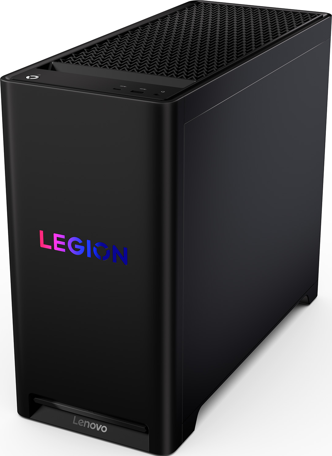 Un computer desktop Lenovo Legion nero. La parte anteriore ha un logo LEGION luminoso. La parte superiore ha una ventilazione a motivi.