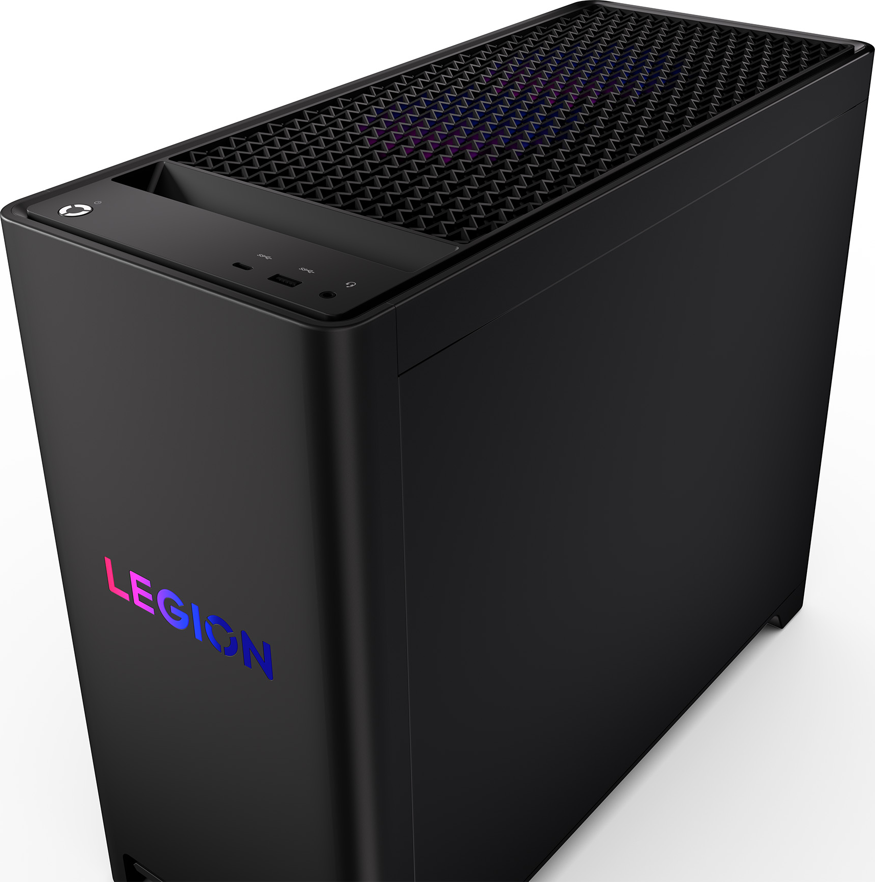 Case per computer nero con logo Legion. La parte superiore ha ventilazione. La parte anteriore ha porte. Sfondo bianco.