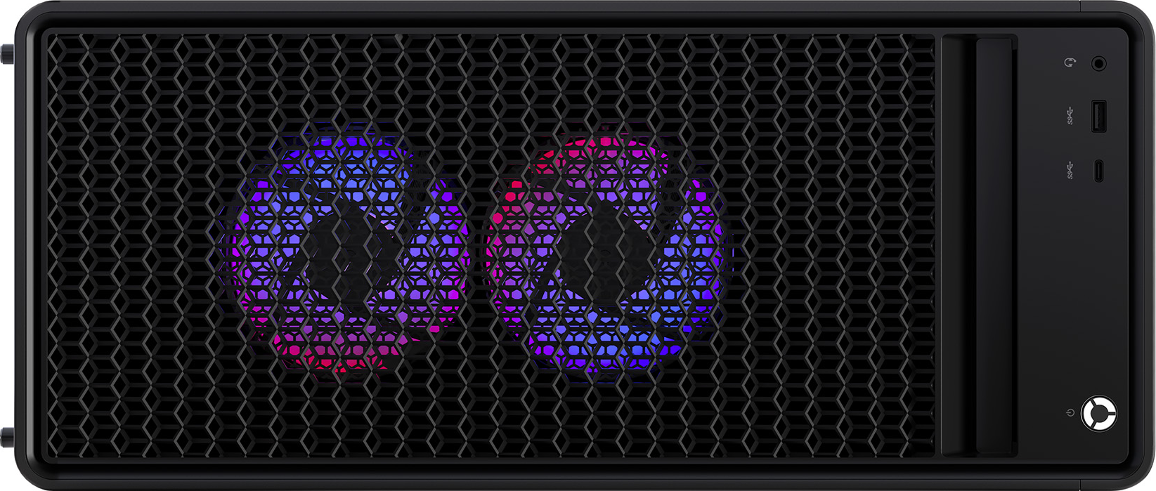 Case per computer nero con frontale a rete. Due ventole visibili dietro la rete brillano di luce rosa e blu.