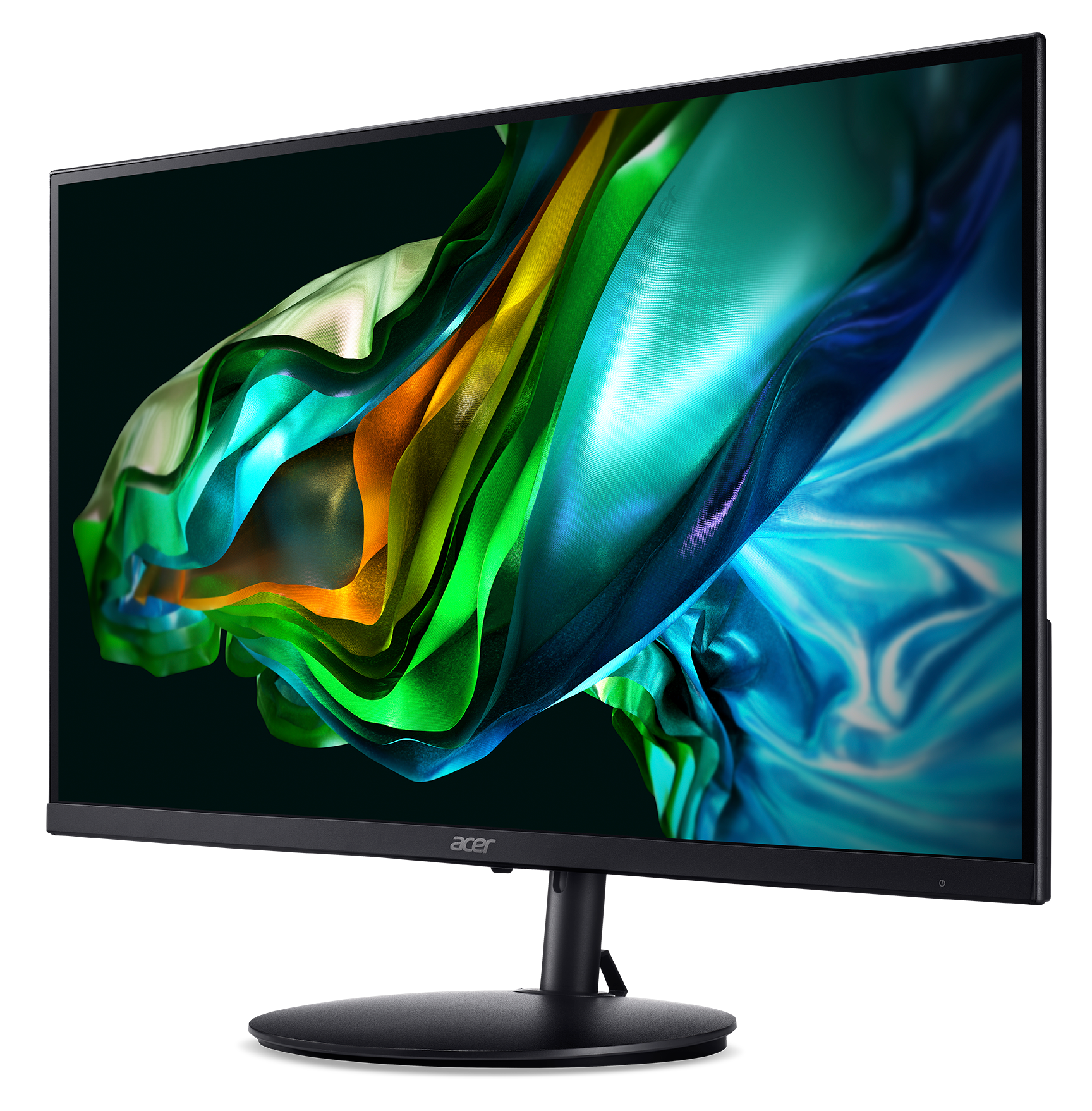 Monitor Acer wyświetla kolorowy, abstrakcyjny wzór płynącej tkaniny. Czarne tło. Monitor jest czarny.