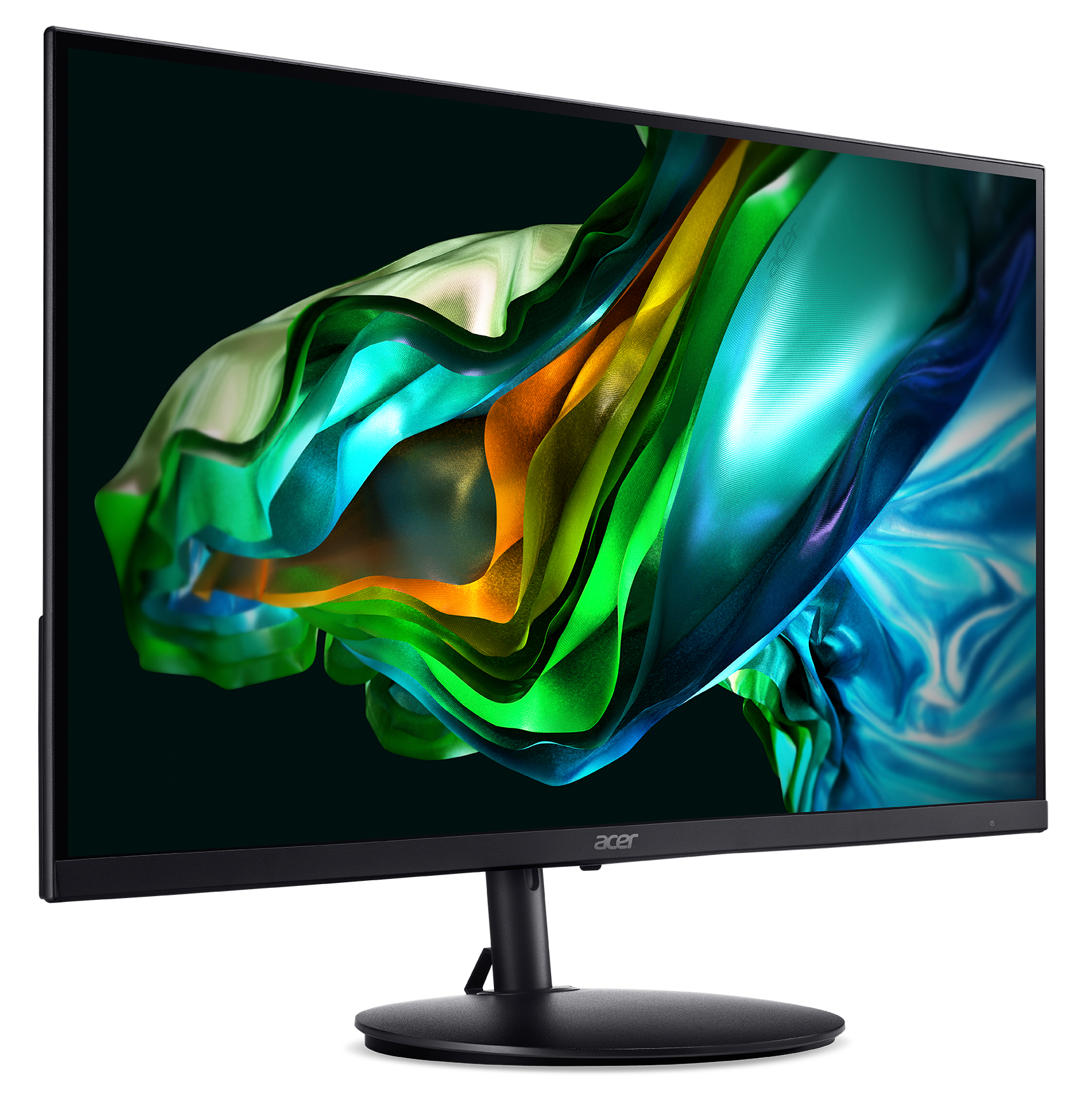 Czarny monitor Acer wyświetla kolorową sztukę abstrakcyjną. Monitor stoi na czarnym stojaku na czarnym tle.