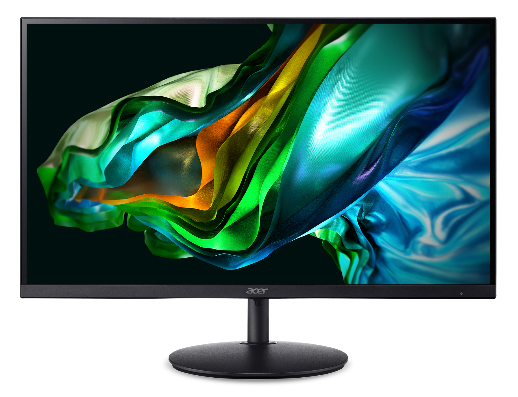 Monitor Acer wyświetla kolorową sztukę abstrakcyjną. Monitor jest czarny z okrągłą podstawą. Tło jest czarne.