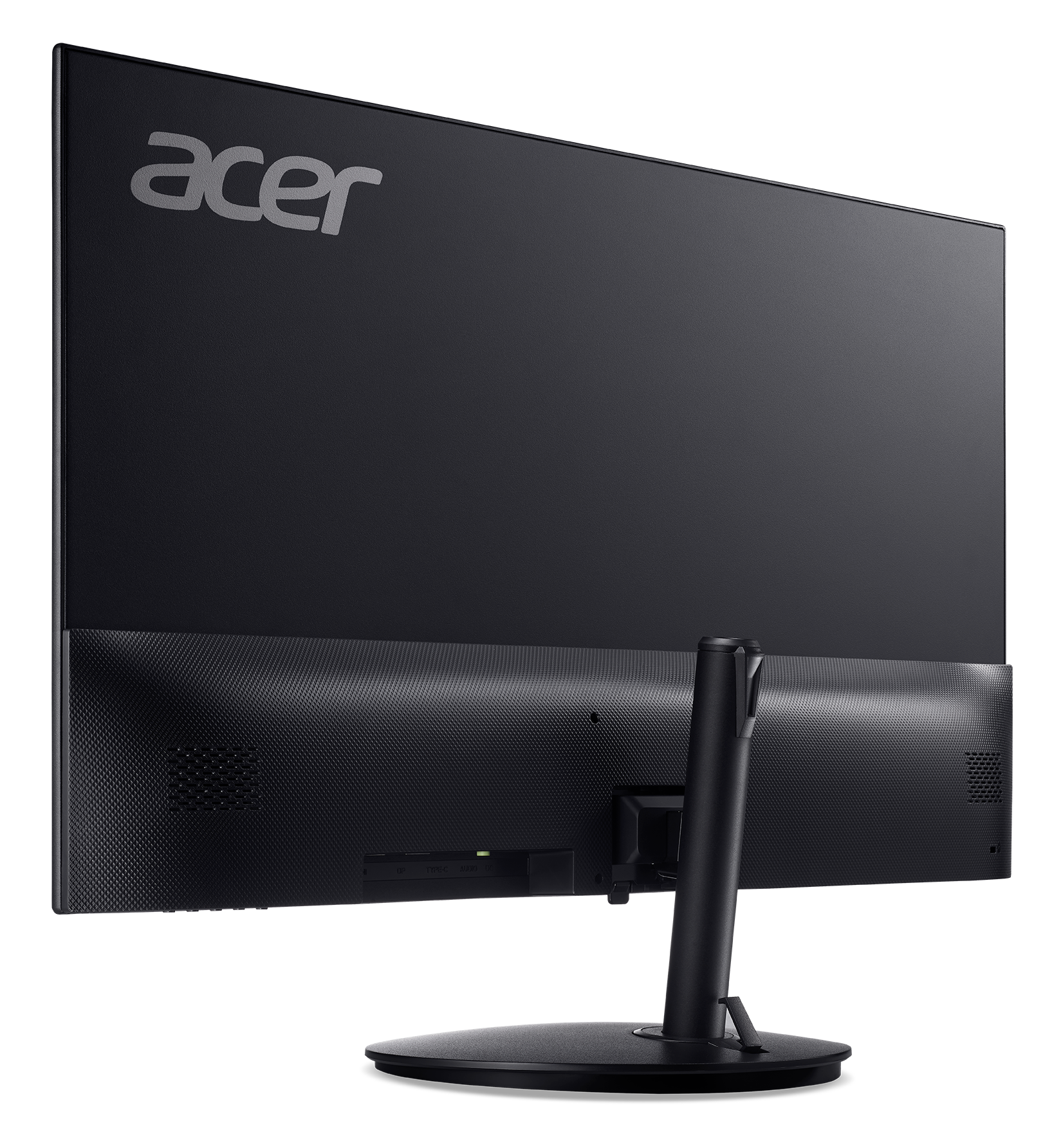 Czarny monitor Acer, widok z tyłu. Widoczne logo Acer. Monitor stoi na czarnej powierzchni.