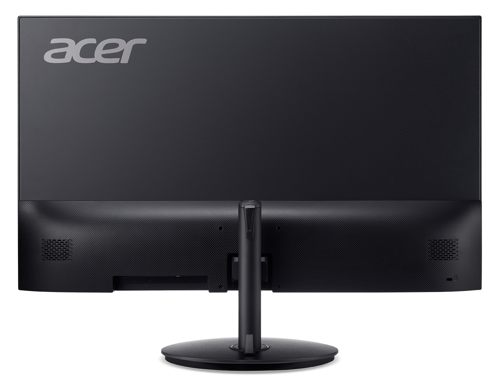 Widok z tyłu czarnego monitora Acer. Posiada podstawę, otwory wentylacyjne i porty. Logo Acer jest widoczne u góry.