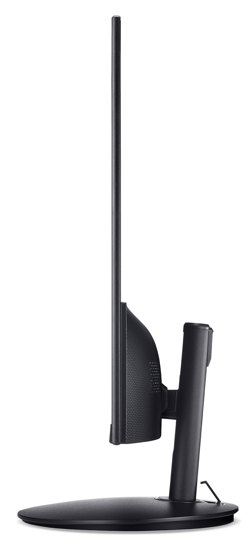 Widok z boku czarnego monitora komputera. Ma podstawę i cienką ramkę. Tło jest czarne.