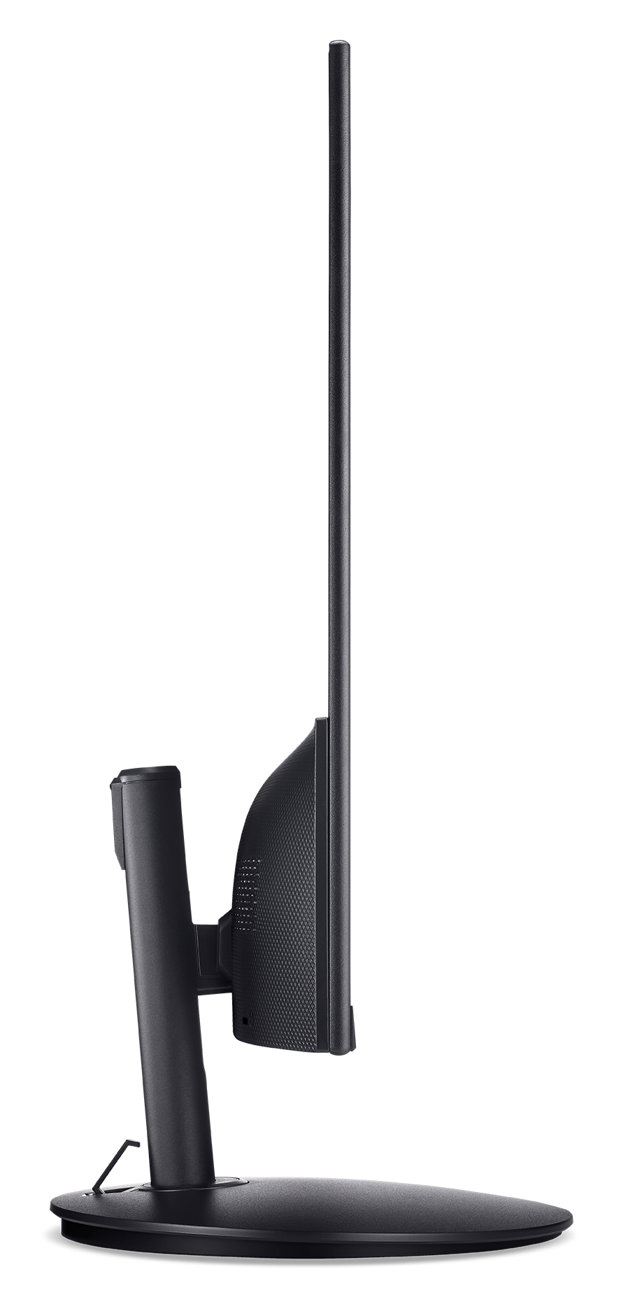 Widok z boku czarnego monitora komputera. Ma podstawę, ekran i pionowe wsparcie. Tło jest czarne.