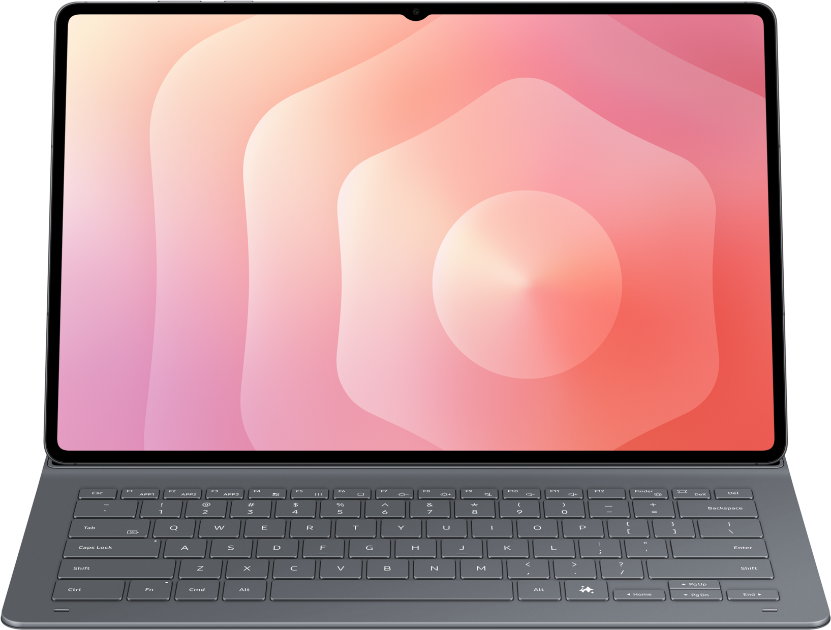 Une tablette avec un clavier gris attaché. L'écran affiche un design abstrait rose et orange. Le clavier a des touches.
