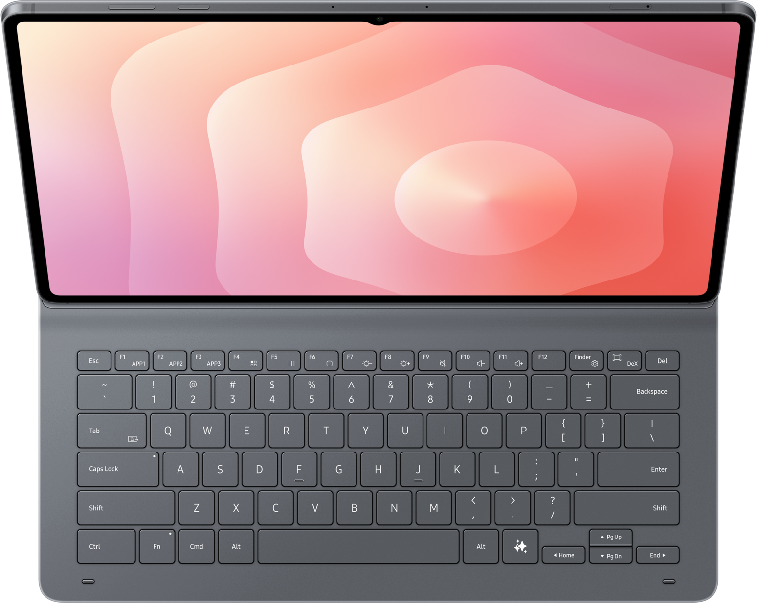 Une tablette avec clavier attaché. L'écran affiche un design abstrait de formes roses et oranges. Le clavier est gris.