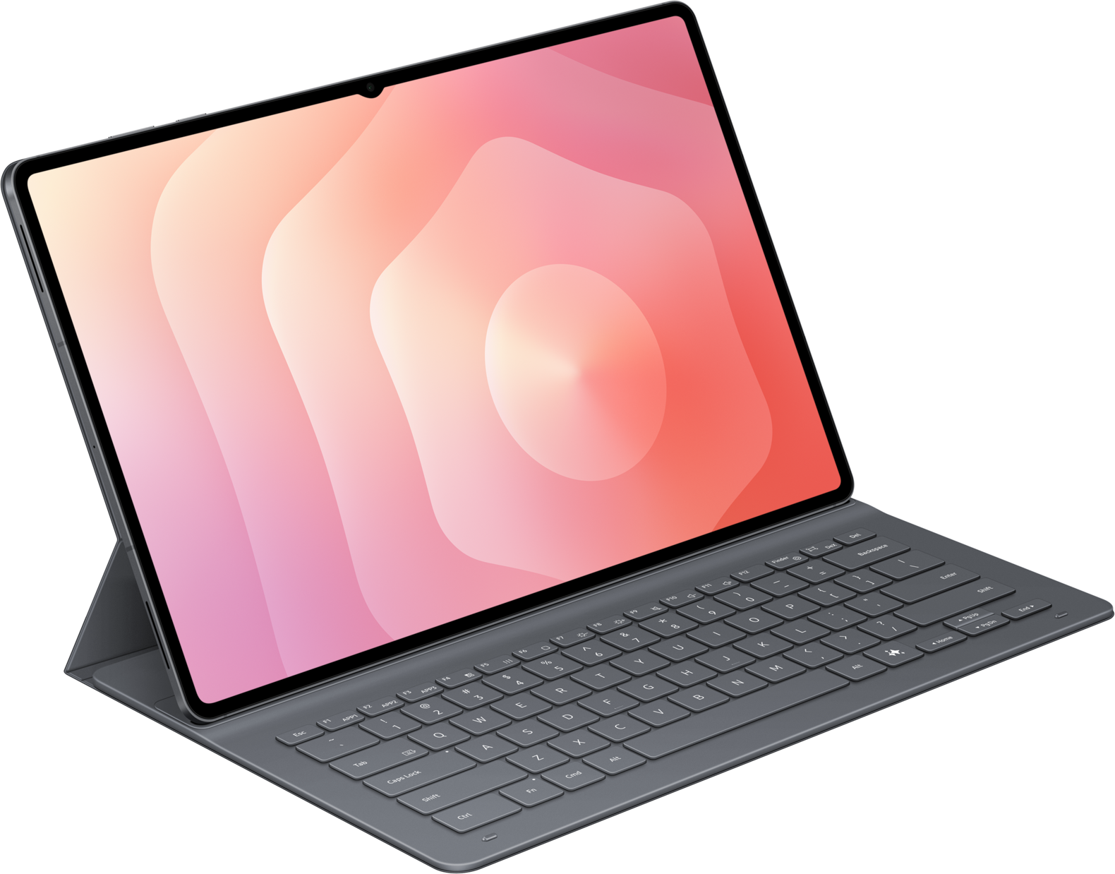 Une tablette avec une housse de clavier grise. L'écran affiche un motif abstrait rose et blanc. Le clavier est gris.
