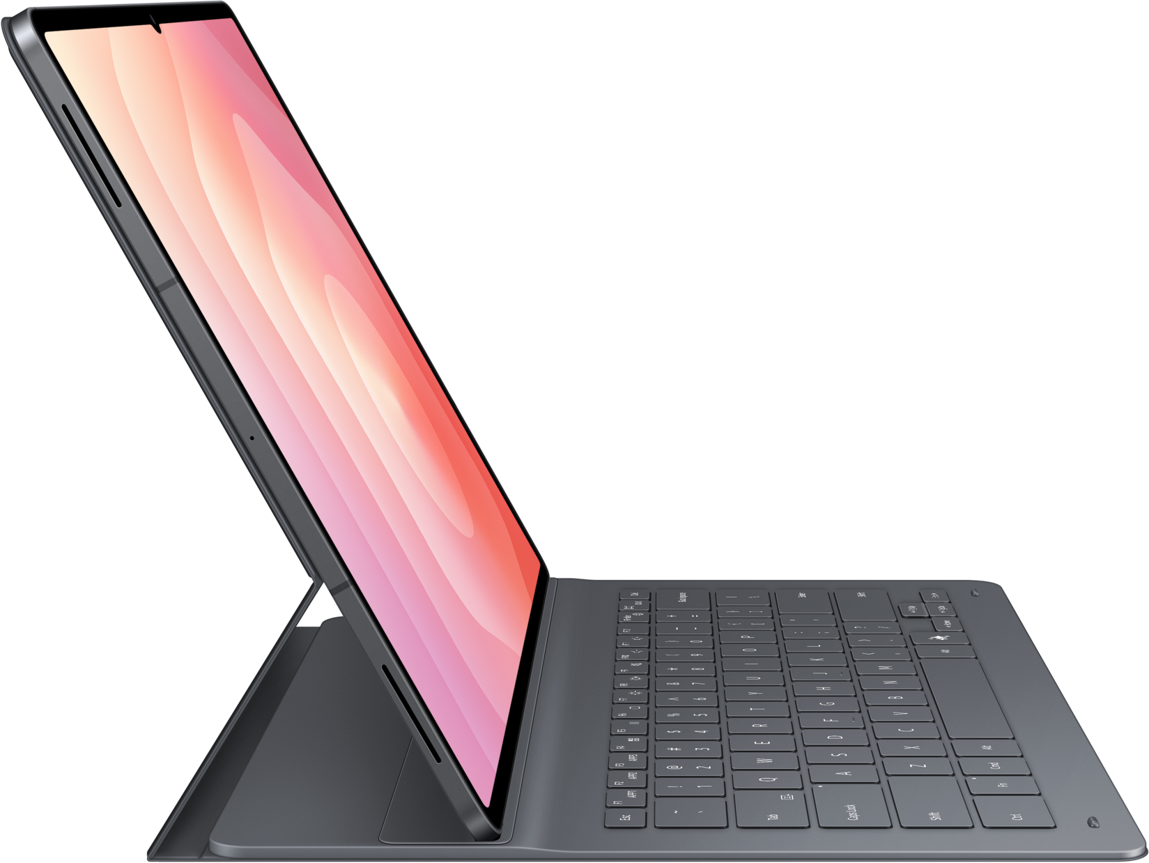 Une tablette avec un écran rose est attachée à un clavier. La tablette et le clavier sont gris foncé. Le fond est noir.