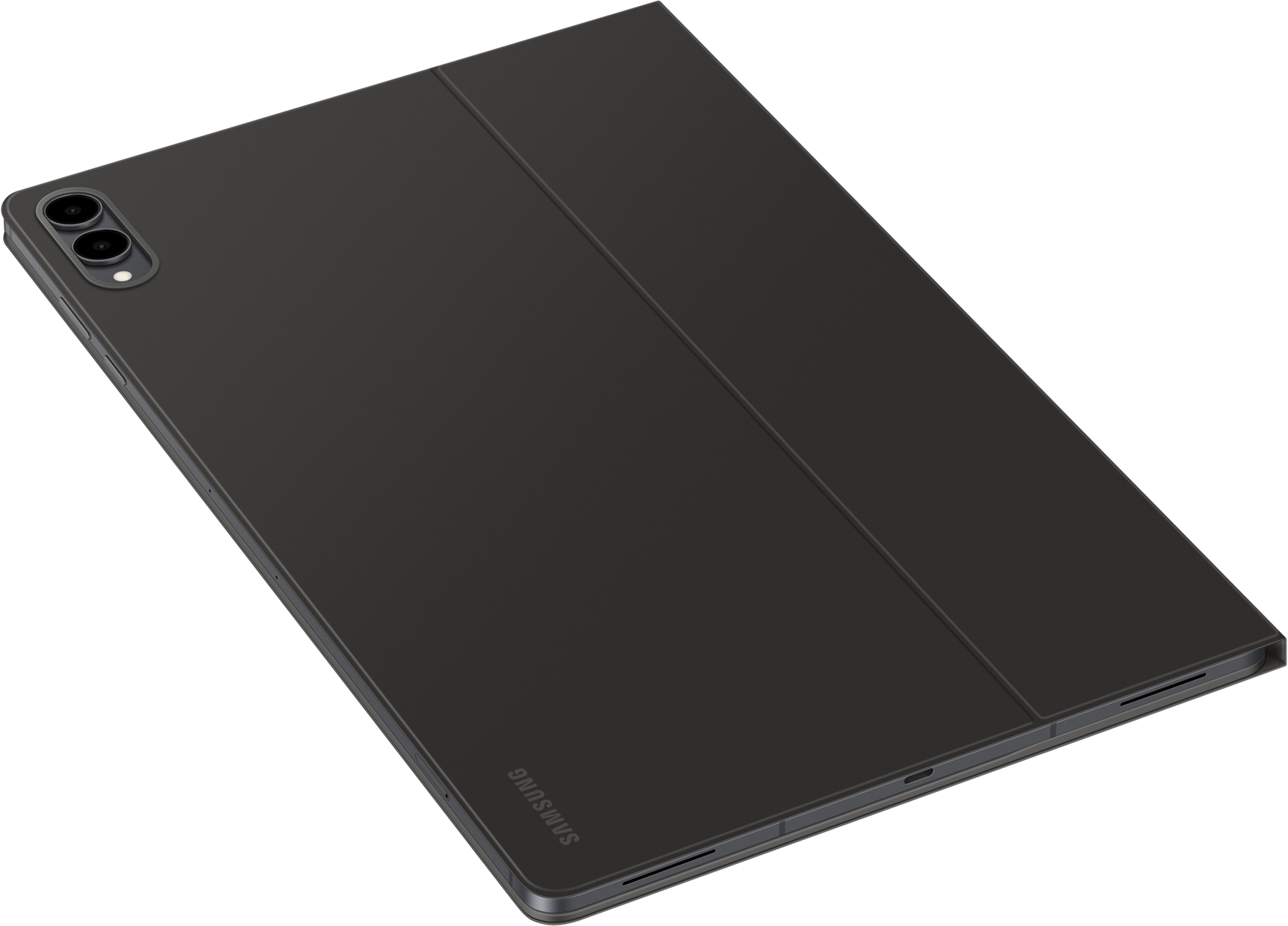 Une tablette gris foncé avec une housse. La tablette a une caméra. Le logo Samsung est visible. Le fond est noir.