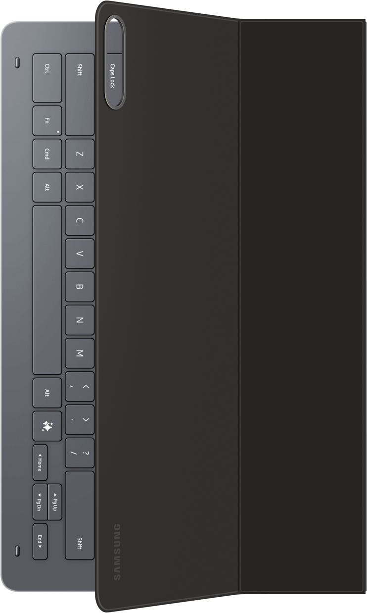 Un clavier gris foncé avec une housse noire. Le clavier a des touches comme Ctrl, Fn, Shift et des lettres. Samsung est écrit sur la housse.