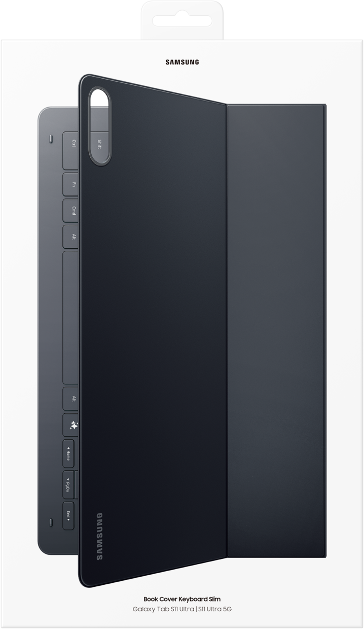 Un clavier folio Samsung Book Cover Slim pour Galaxy Tab S11 Ultra 5G est montré. L'étui est noir avec un clavier et la marque.