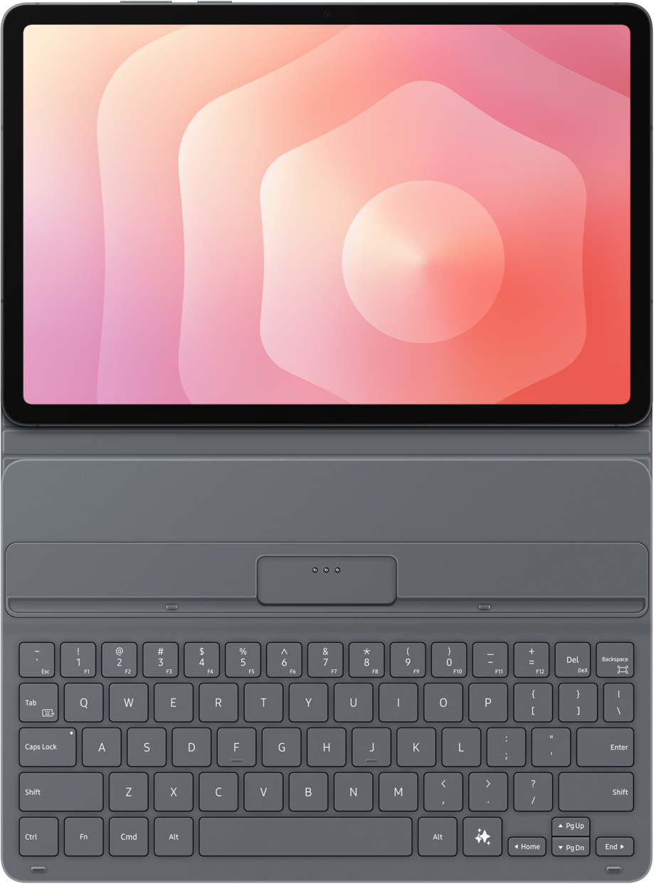 Tablette avec un design abstrait rose et blanc sur l'écran, associée à une housse de clavier grise.