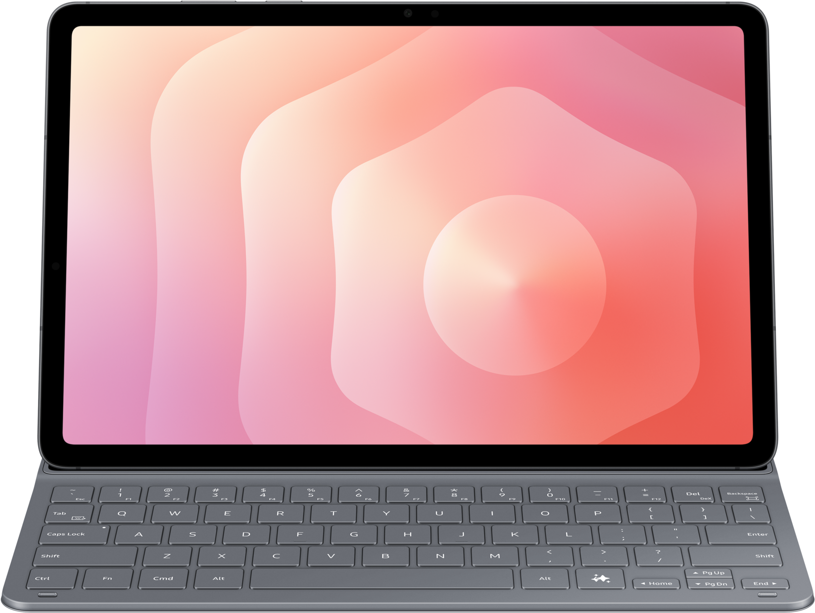 Une tablette avec un clavier amovible. L'écran affiche un dégradé de rose et d'orange. Le clavier est gris.