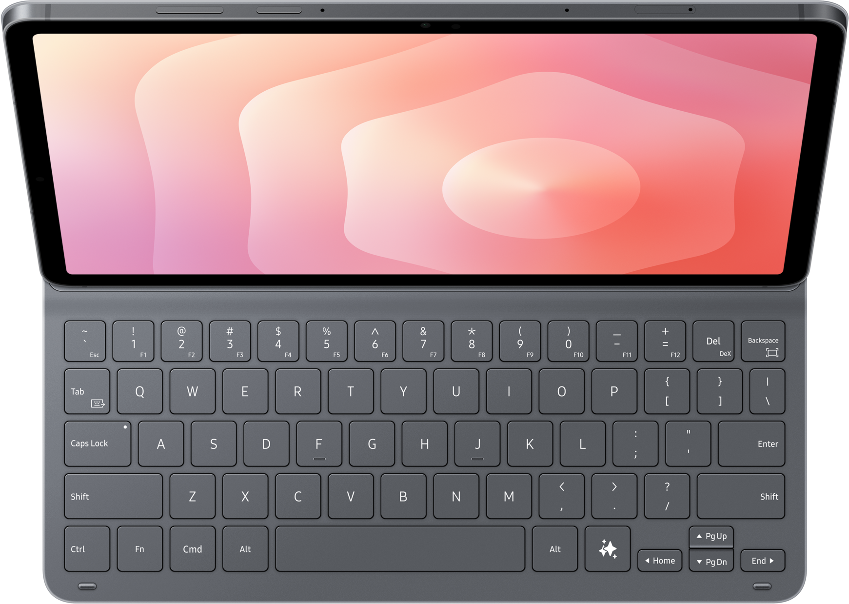 Une tablette grise avec clavier attaché. L'écran affiche un dégradé rose et orange. Touches visibles.