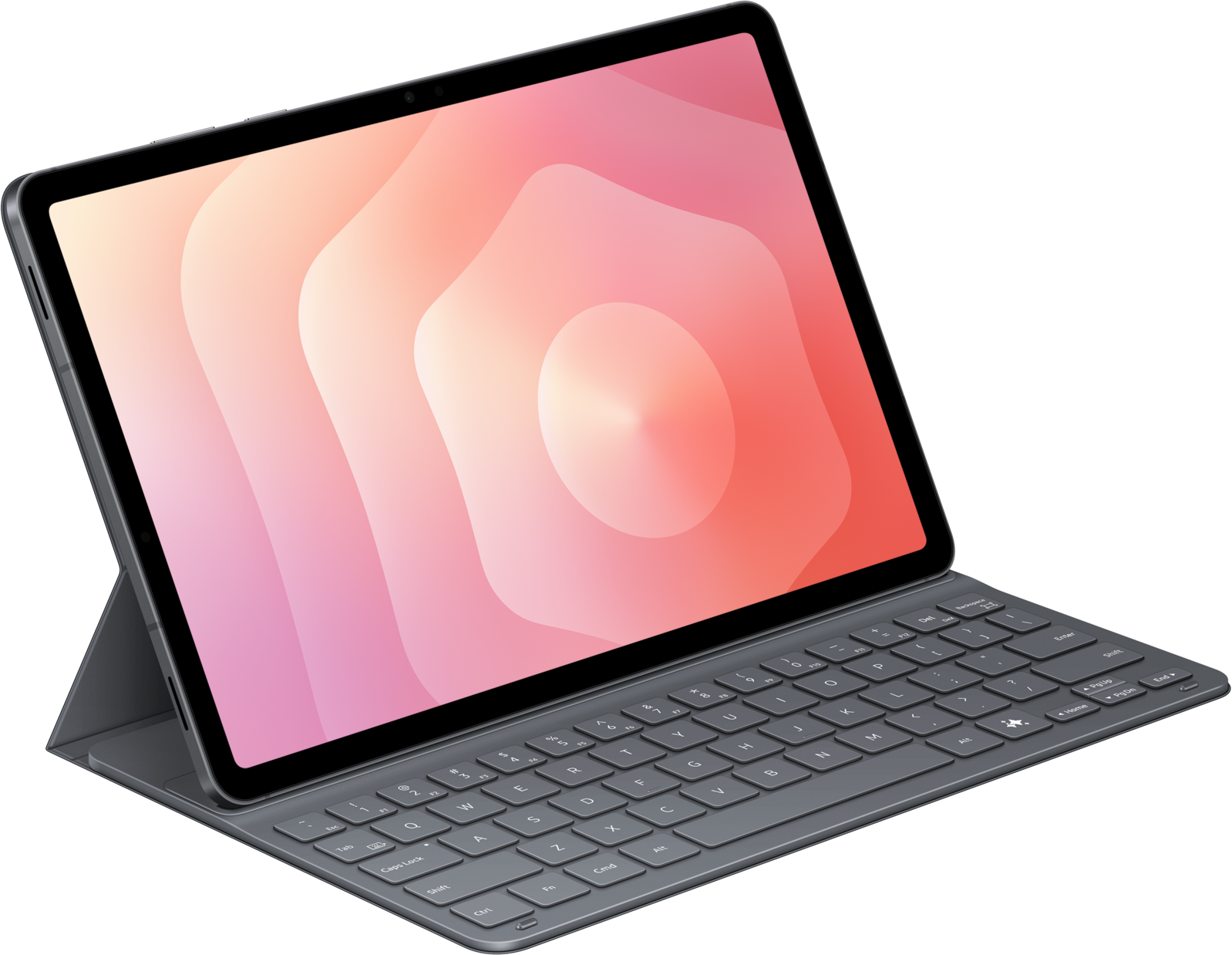 Tablette avec étui clavier. L'écran affiche un design abstrait rose et pêche. Le clavier est gris.