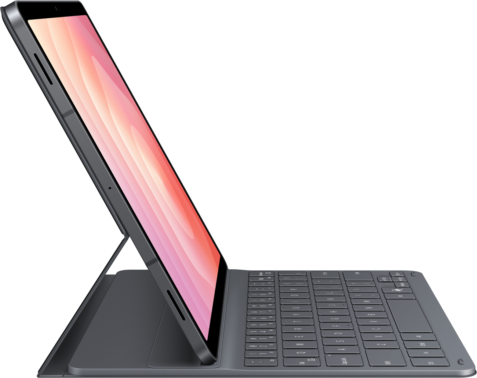 Une tablette avec un étui clavier est ouverte. L'écran affiche un dégradé rose. Le clavier est visible et l'étui est gris foncé.