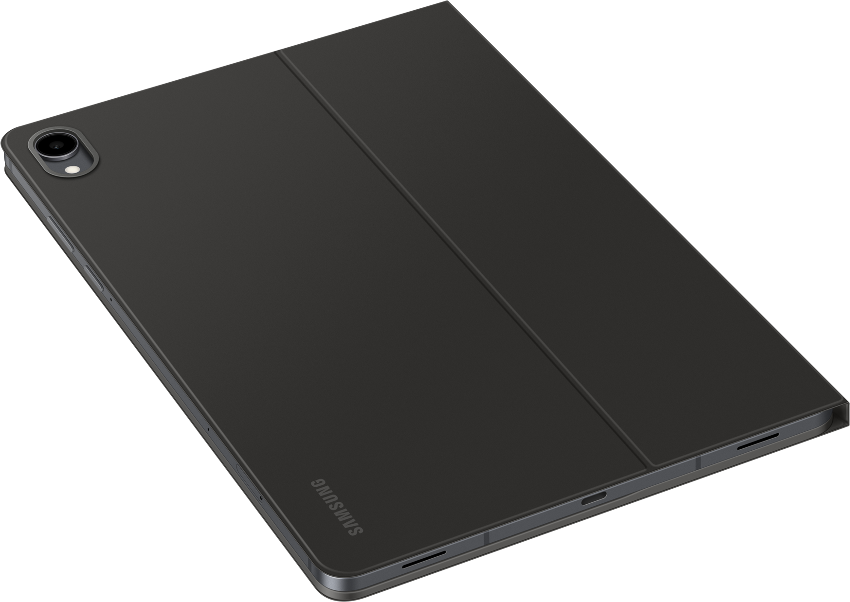 Une tablette Samsung gris foncé avec une housse assortie est présentée. La housse est partiellement ouverte. Le fond est noir.