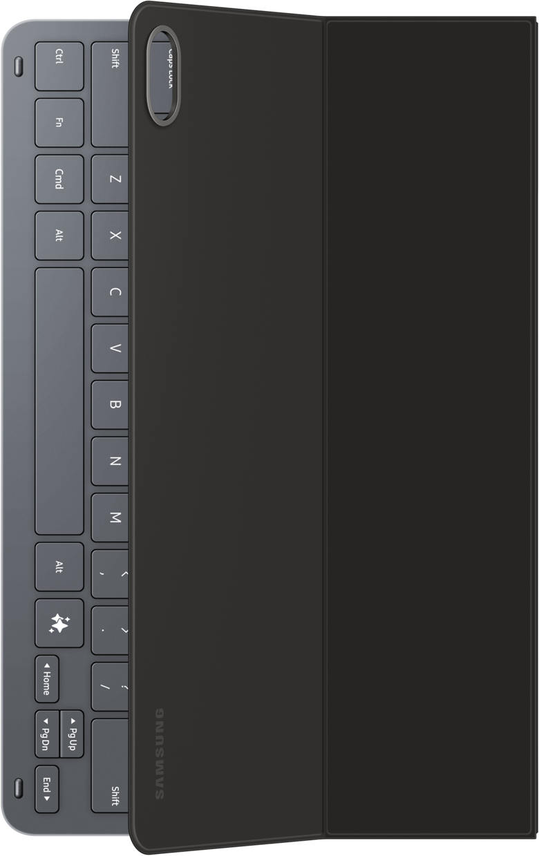 Un étui clavier pour tablette. L'étui est noir, avec le clavier à gauche. Le clavier est gris avec des touches. Le logo Samsung est visible.