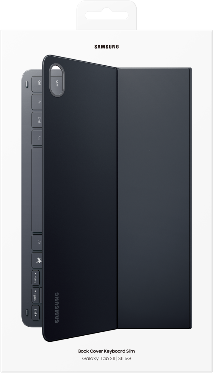 Un clavier fin avec étui Samsung Book Cover pour Galaxy Tab S11 est affiché. Le clavier gris foncé est à gauche, l'étui à droite.