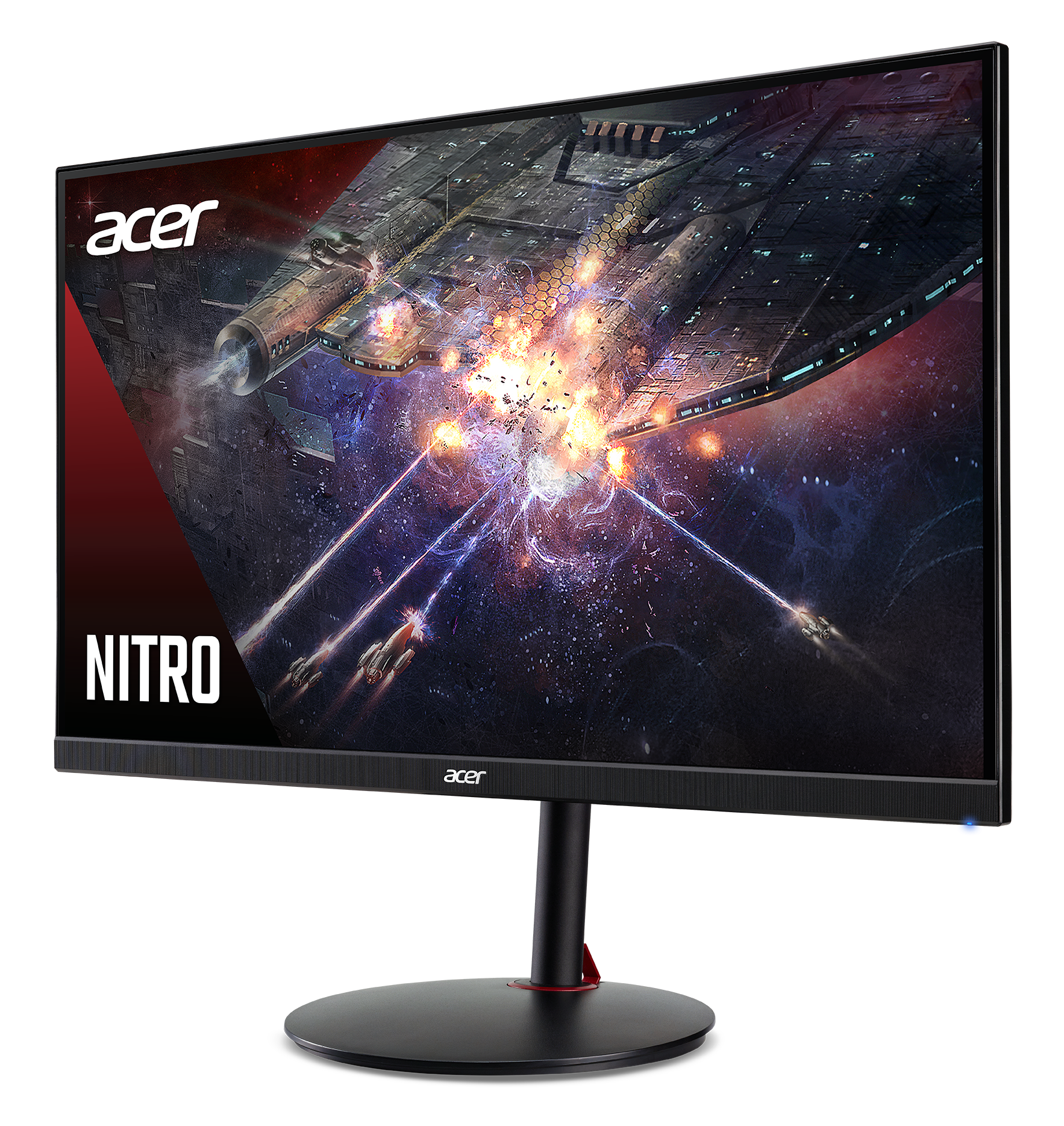 Monitor Acer Nitro wyświetla bitwę kosmiczną sci-fi. Duży statek strzela do mniejszych statków, eksplozje i kosmiczne tło.