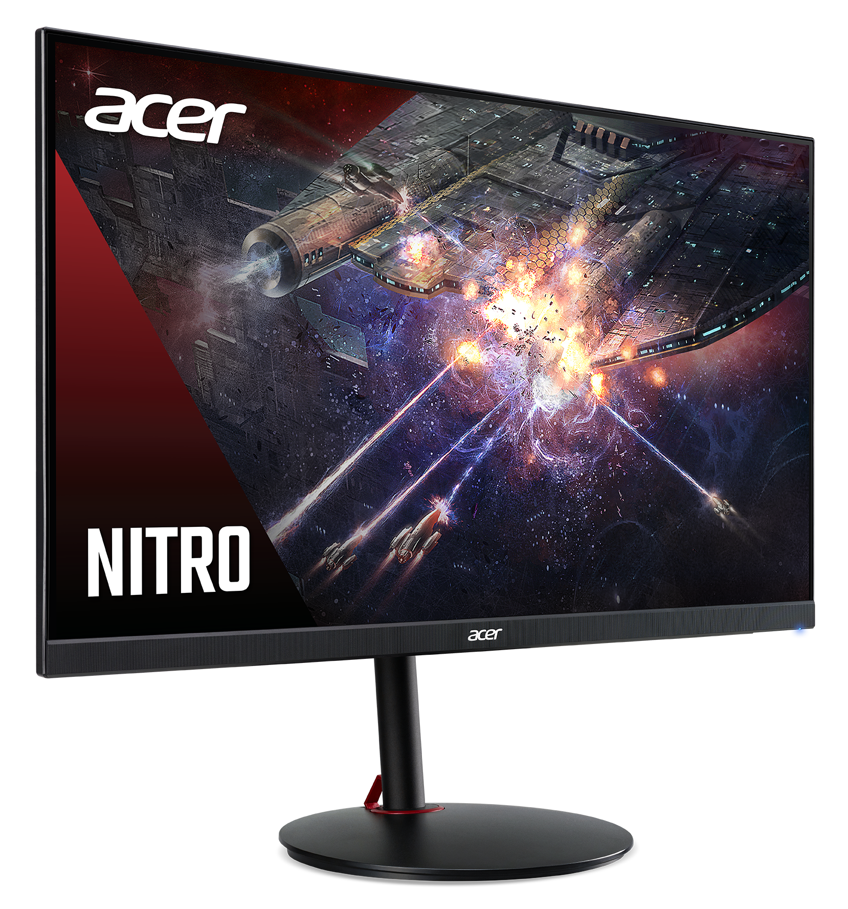 Monitor Acer Nitro wyświetla bitwę kosmiczną. Duży statek w centrum, eksplozje i inne statki. Widoczne logo Acer i Nitro.