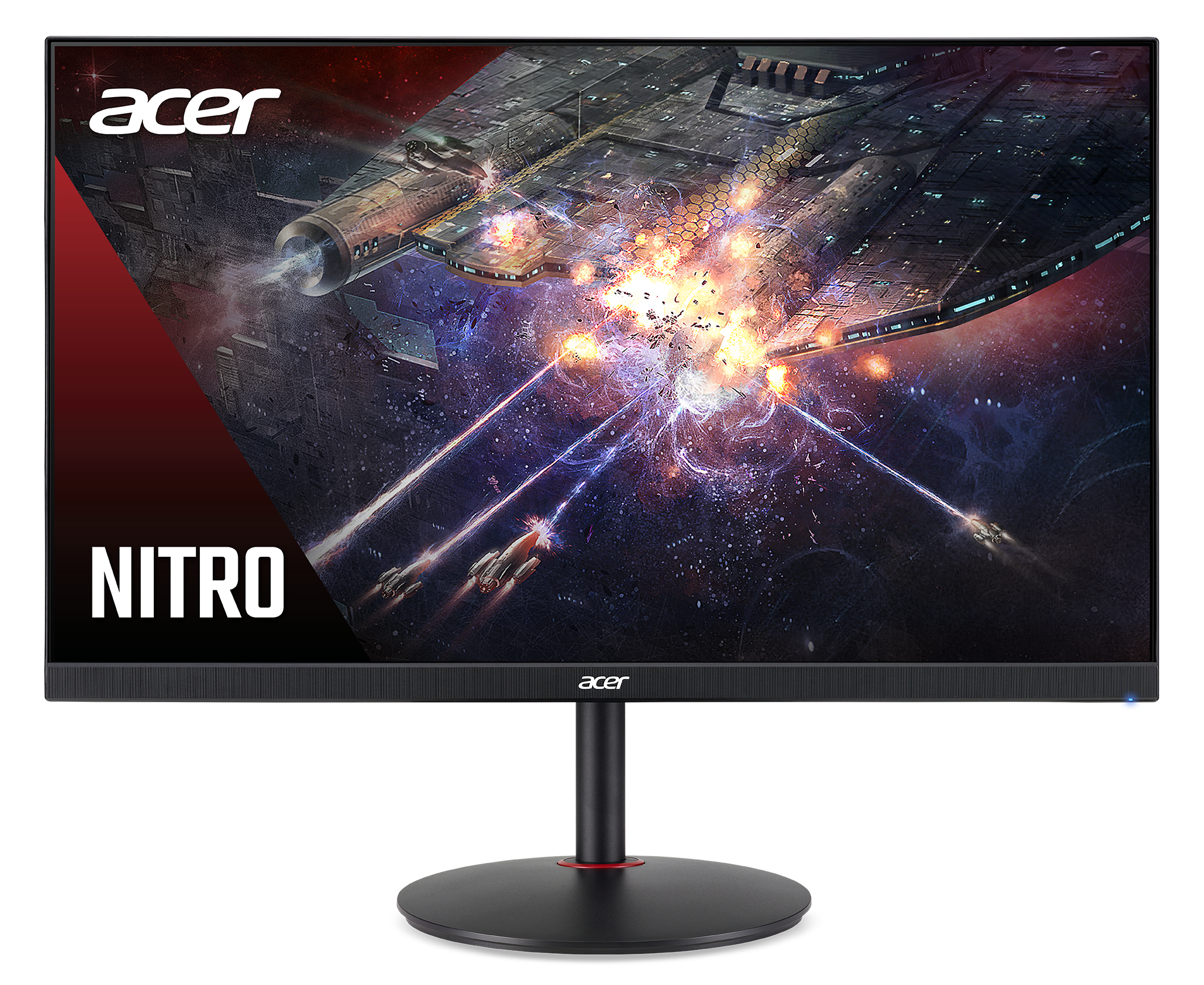 Monitor Acer Nitro z kosmiczną bitwą sci-fi. Duży statek strzela do mniejszych, z eksplozjami i efektami świetlnymi.