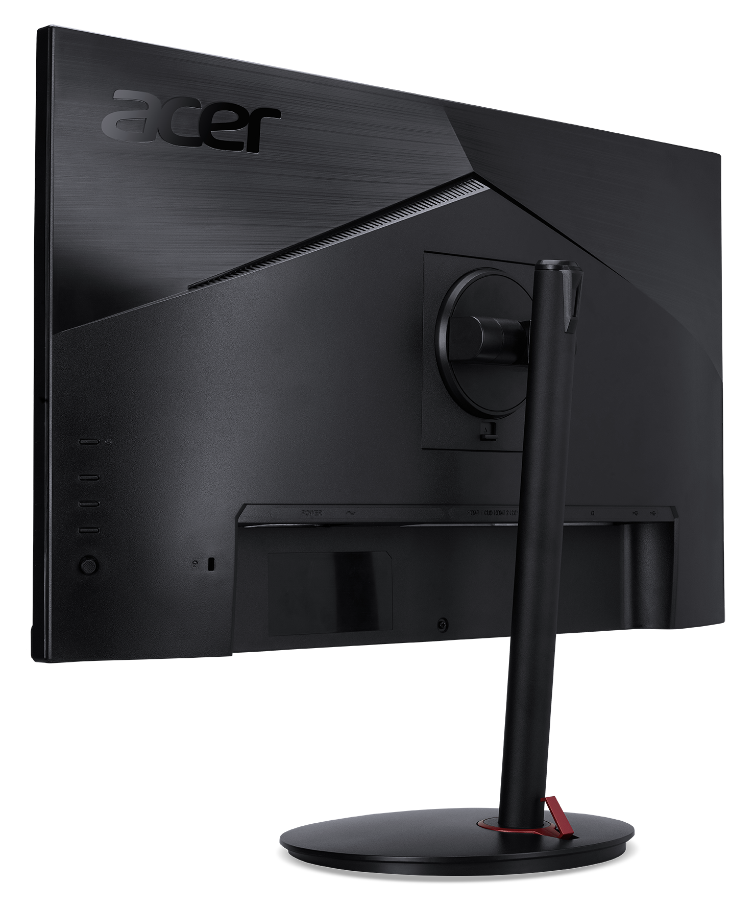 Pokazano tył czarnego monitora Acer. Czarny stojak podtrzymuje monitor. Widoczne jest logo Acer.