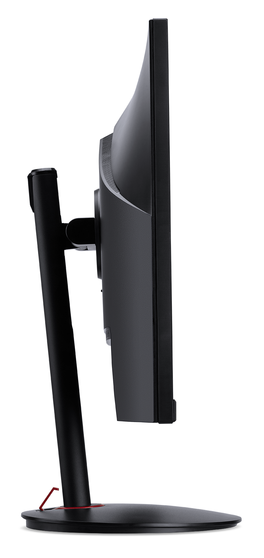Widok z boku zakrzywionego czarnego monitora komputerowego na czarnym stojaku. Podstawa ma czerwony akcent. Tło jest czarne.