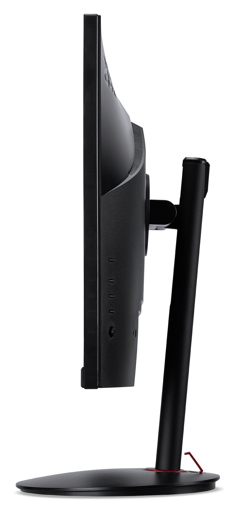 Widok z boku czarnego monitora. Ekran jest zakrzywiony i zamontowany na czarnym stojaku.