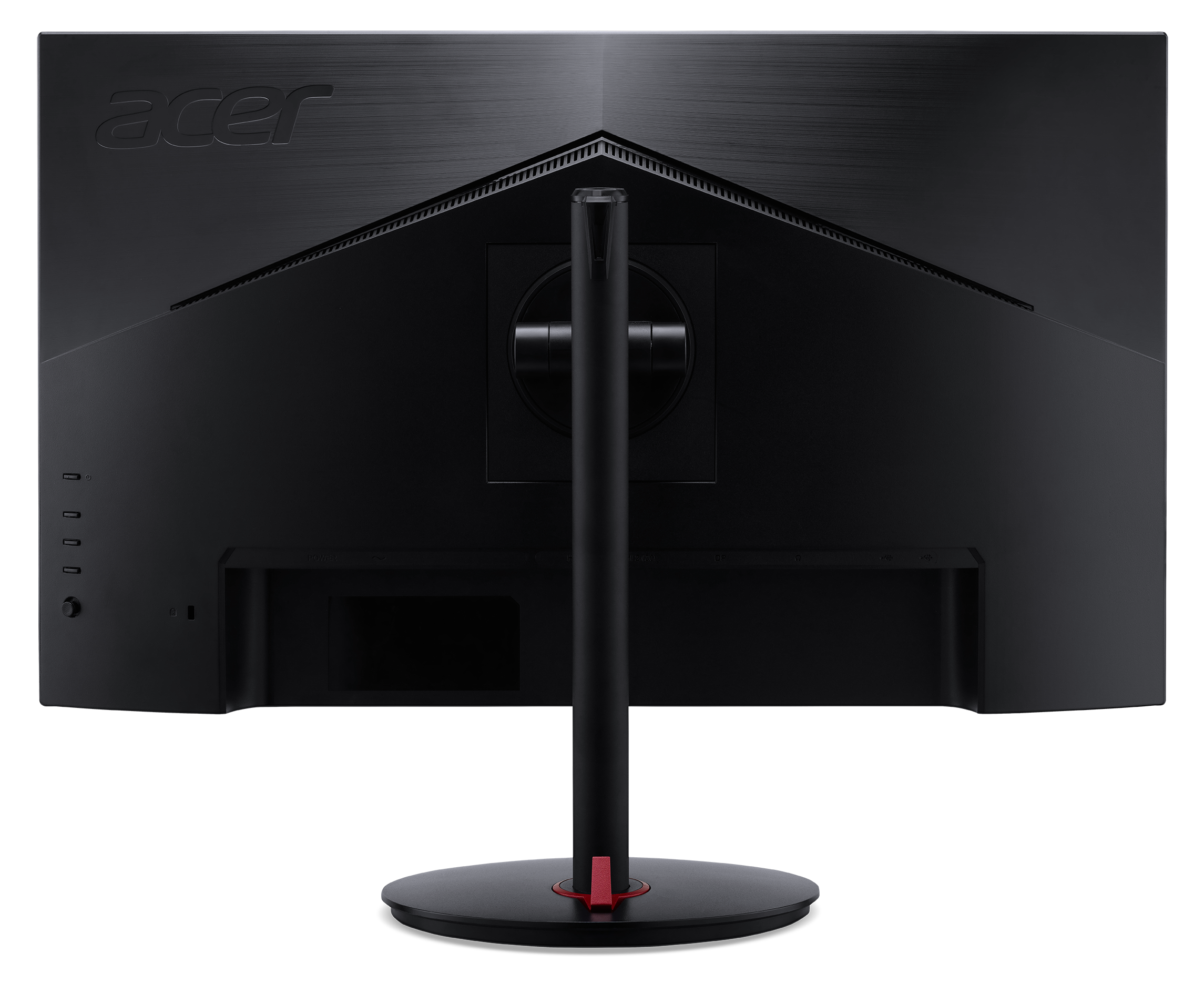 Widok z tyłu czarnego monitora Acer. Czarny stojak podtrzymuje monitor. Podstawa jest czarna z czerwonymi akcentami.