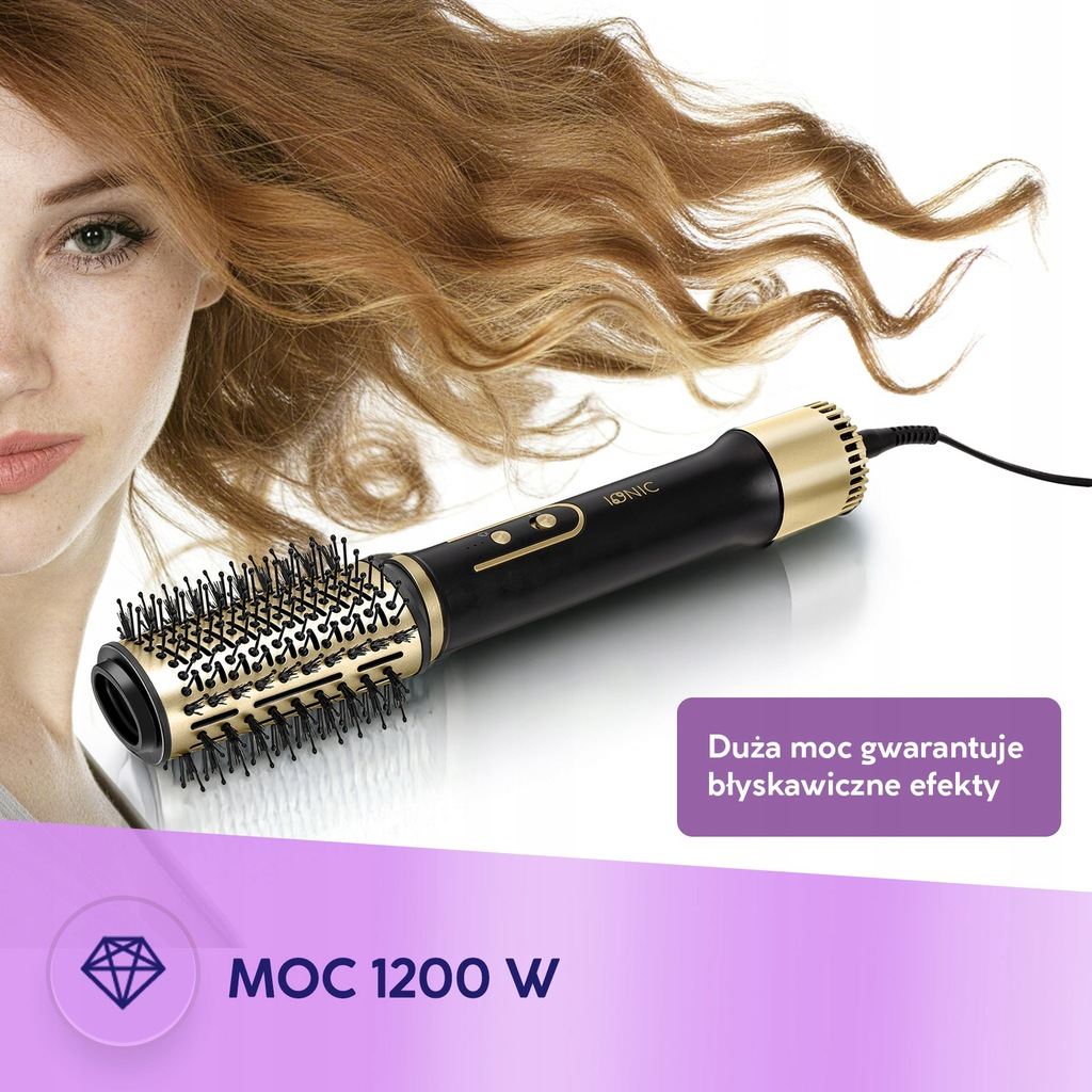 Kobieta z falowanymi brązowymi włosami i szczotką do stylizacji włosów z czarno-złotym wzorem. Tekst mówi MOC 1200 W.