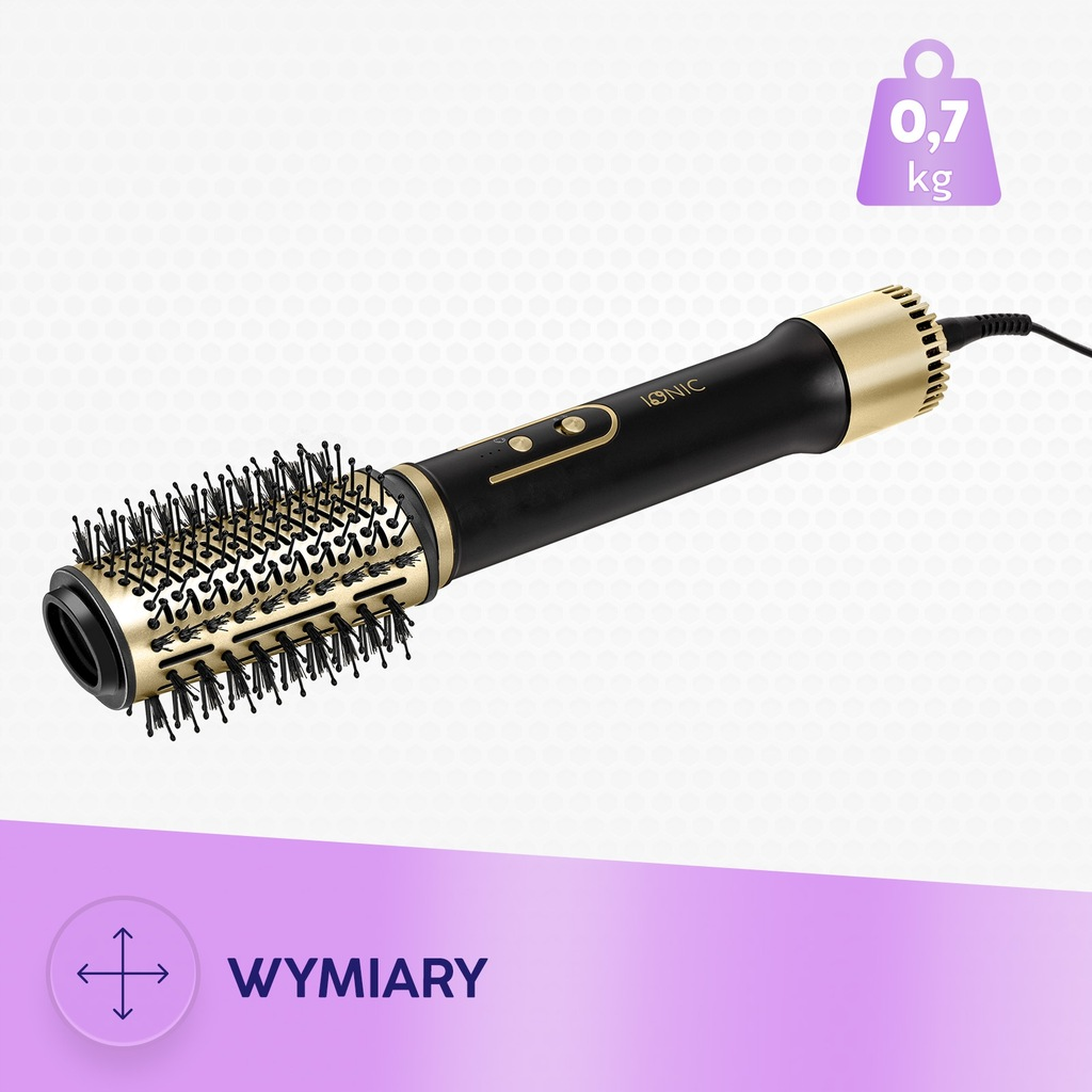 Czarna i złota szczotka do stylizacji włosów. Ma funkcję jonową. Waga wynosi 0,7 kg. Szczotka jest oznaczona słowem 'Wymiary'.