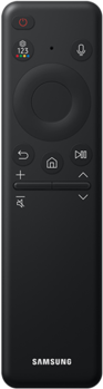 Une télécommande Samsung noire avec divers boutons, dont marche/arrêt, microphone et commandes de volume. La marque est visible.