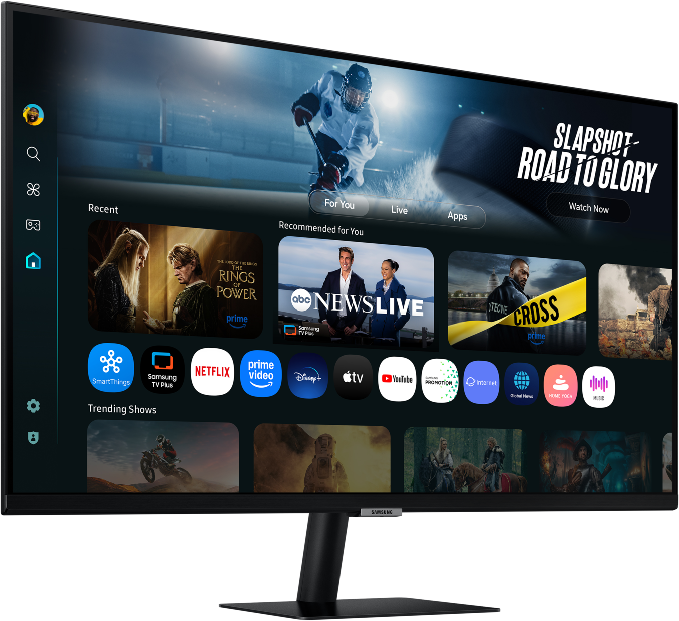 Une télévision moderne affichant un match de hockey et diverses icônes d'applications. L'écran affiche des applications comme Netflix et Prime Video.