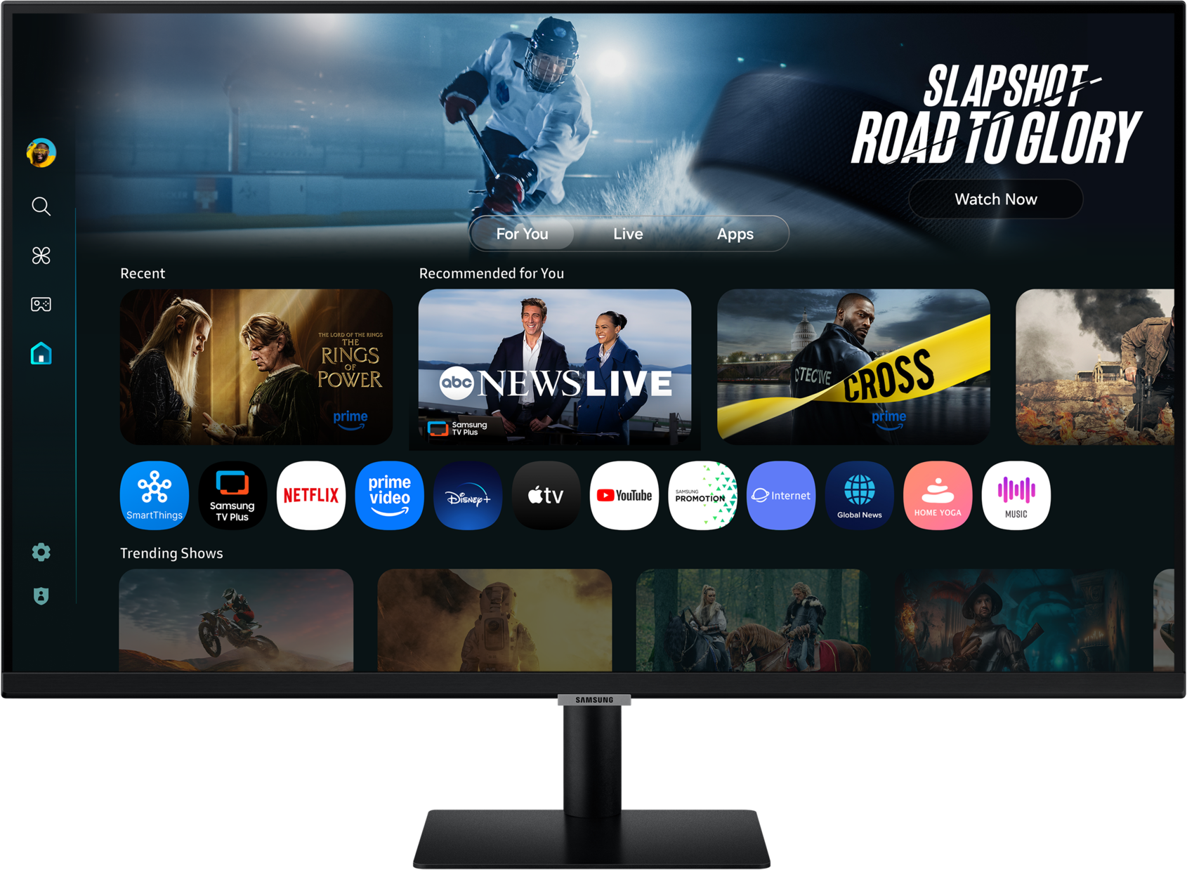Un écran de télévision affiche un match de hockey et des icônes d'applications. L'écran montre un joueur de hockey et des applications comme Netflix et YouTube.