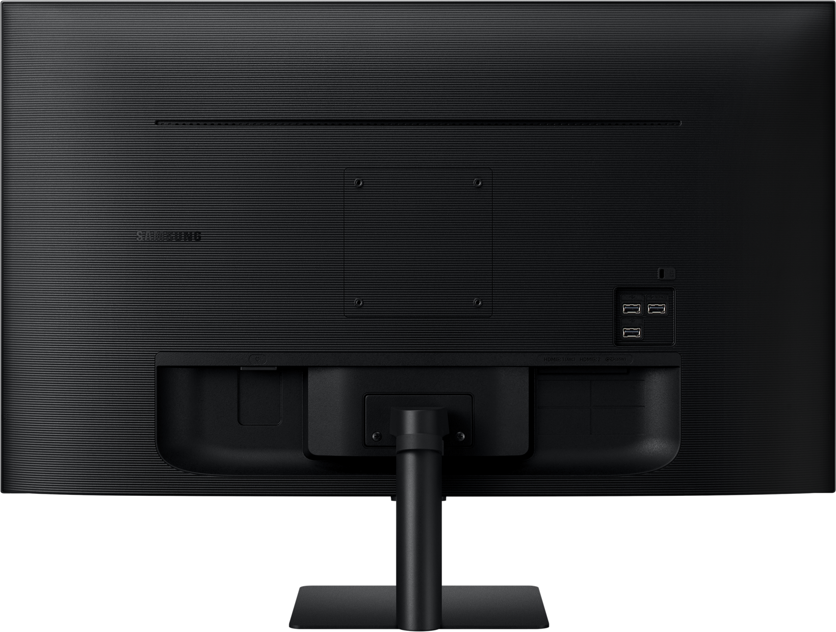 Arrière d'un moniteur Samsung noir. Ports, pied et logo visibles. Surface texturée avec lignes horizontales.