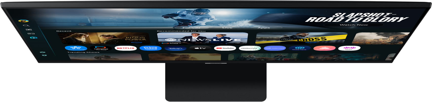 Un téléviseur affiche des applications de streaming. Scène de hockey en haut. Émissions récentes et recommandées, icônes d'applications.
