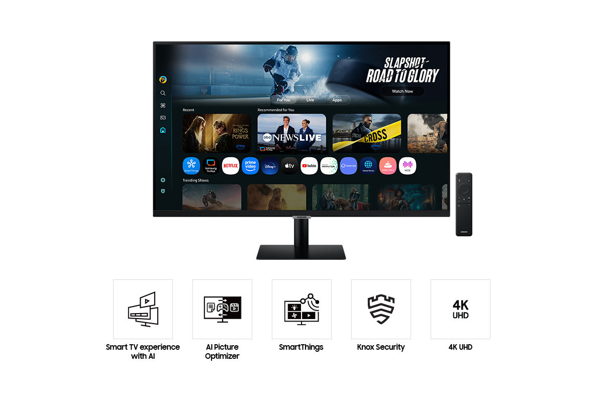Une télévision moderne affiche du contenu de services de streaming. L'écran montre des titres de films, des applications et un match de hockey. Une télécommande est à proximité.