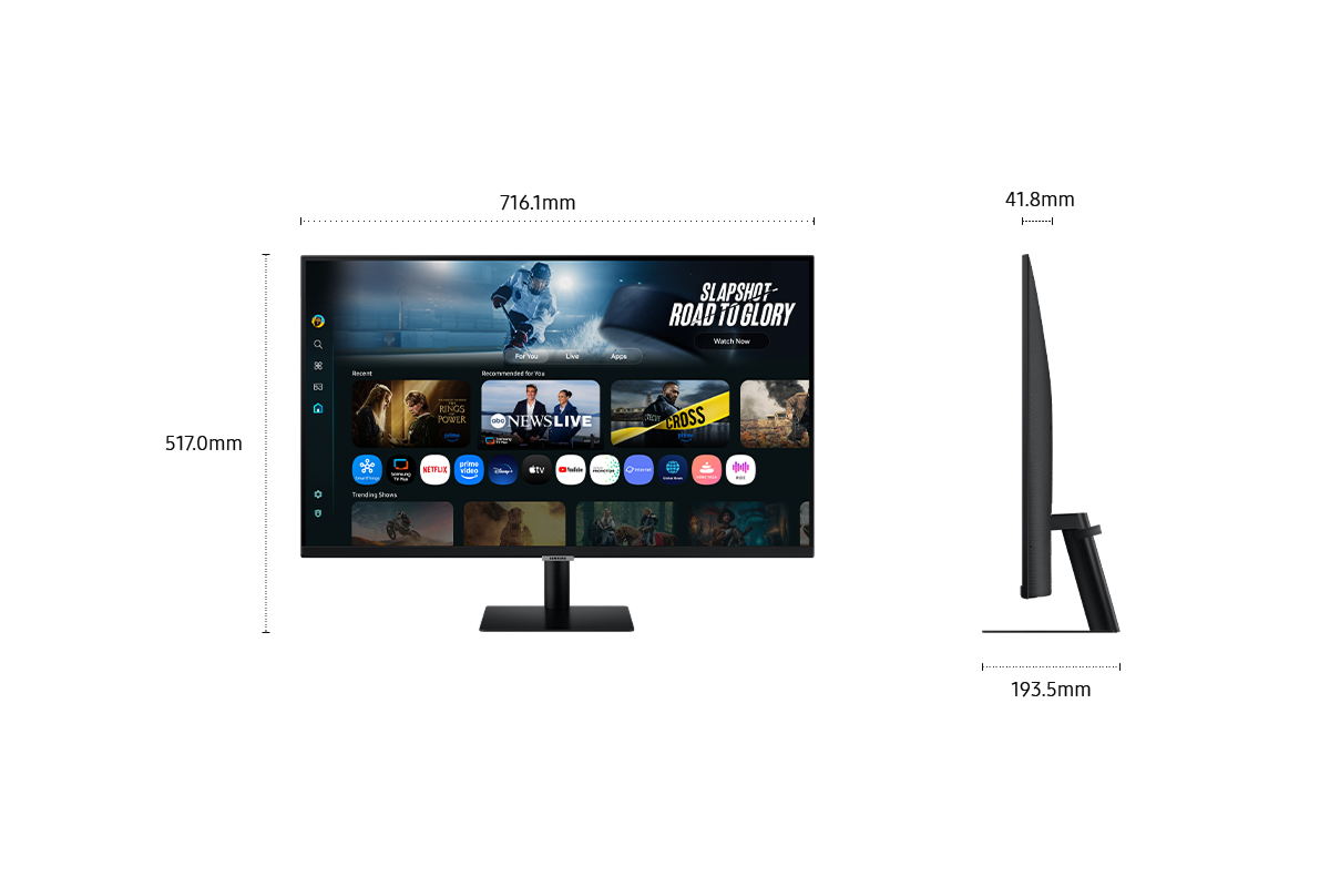 Un moniteur noir affichant une interface de service de streaming. Les dimensions sont marquées. Le moniteur est sur un support noir.