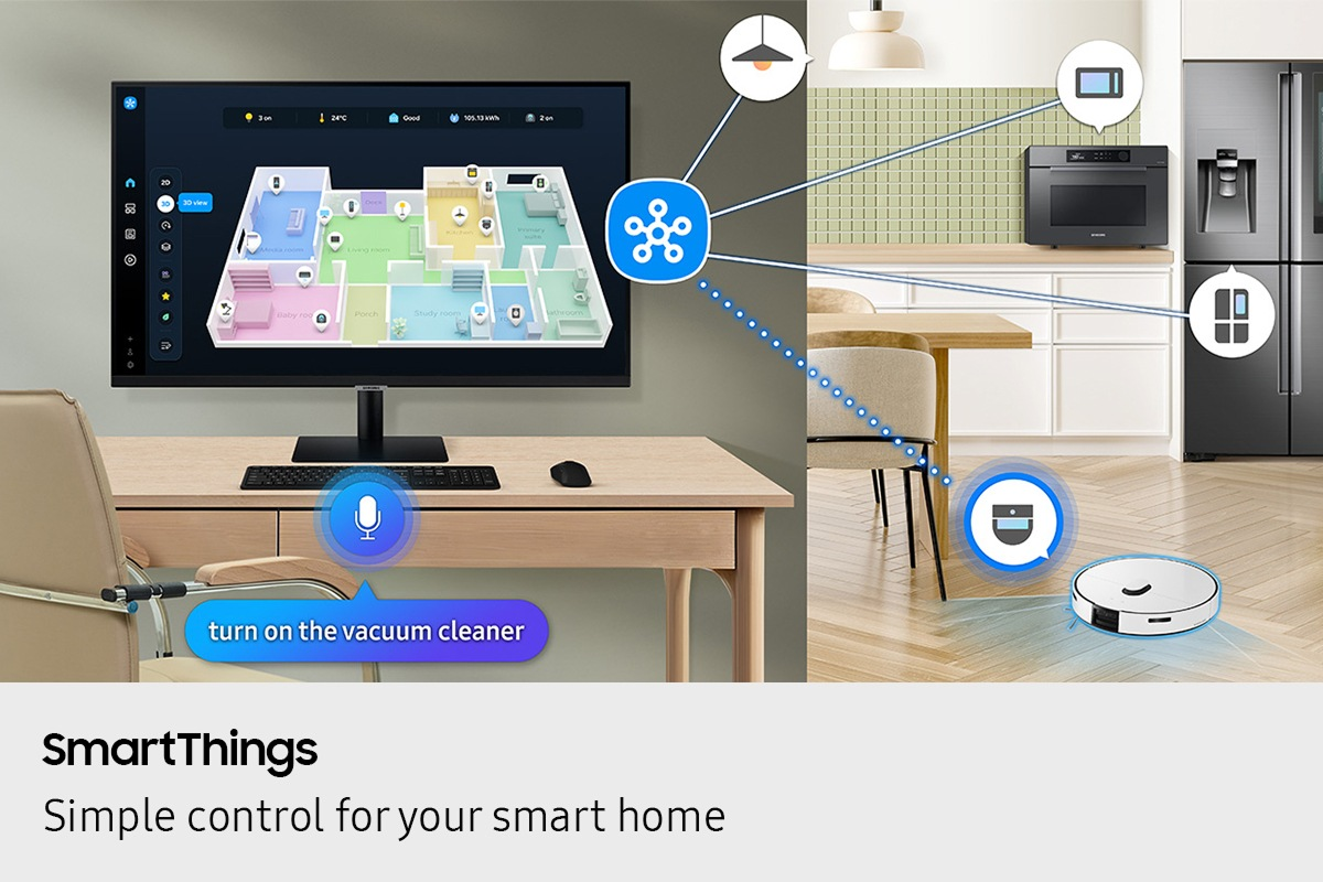 Une interface de maison intelligente sur un moniteur affiche un plan d'étage. Un aspirateur robot est sur le sol. Le texte dit 'allumer l'aspirateur'.