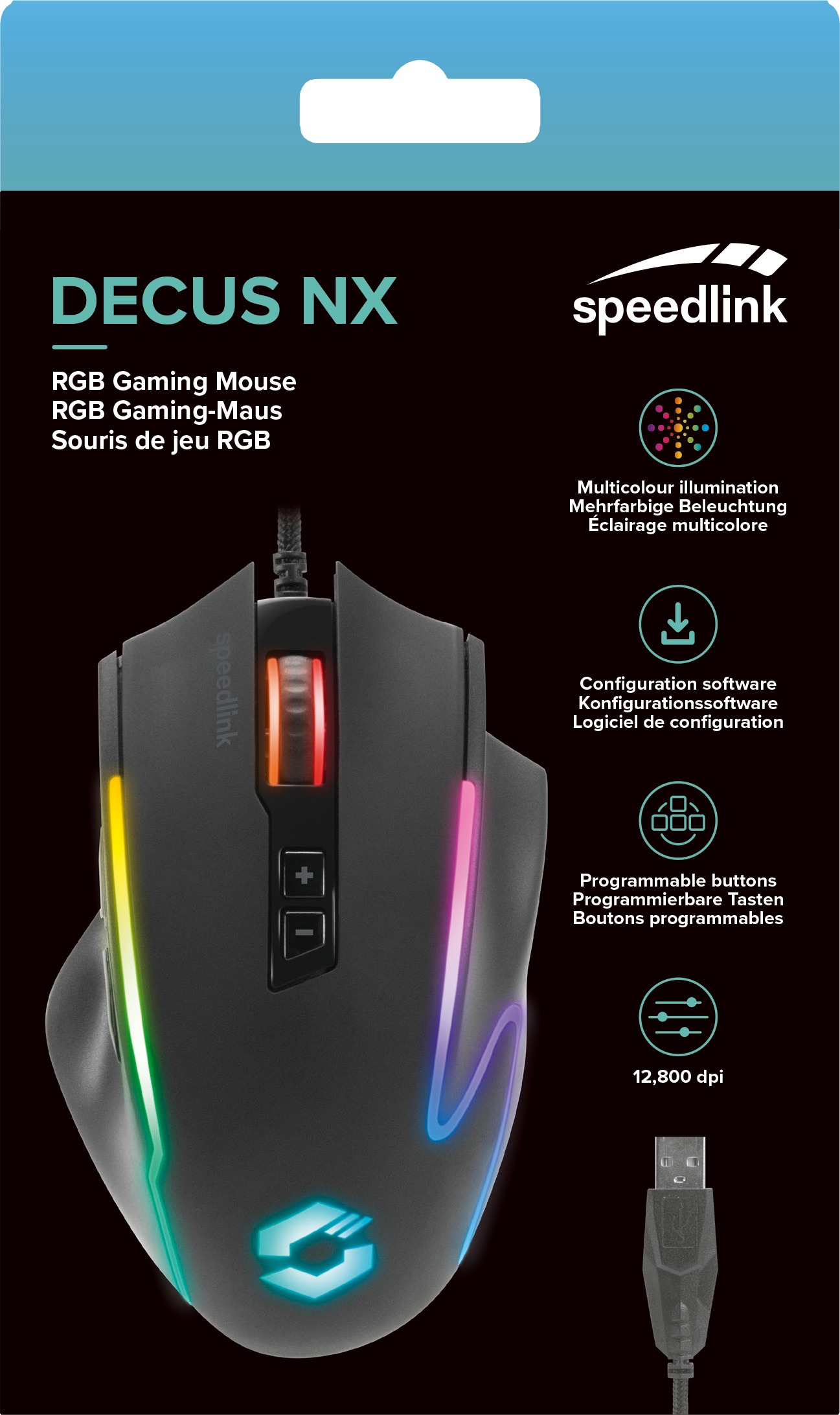 Eine schwarze Gaming-Maus mit bunten Lichtern, dem Produktnamen 'DECUS NX' und dem Speedlink-Logo.