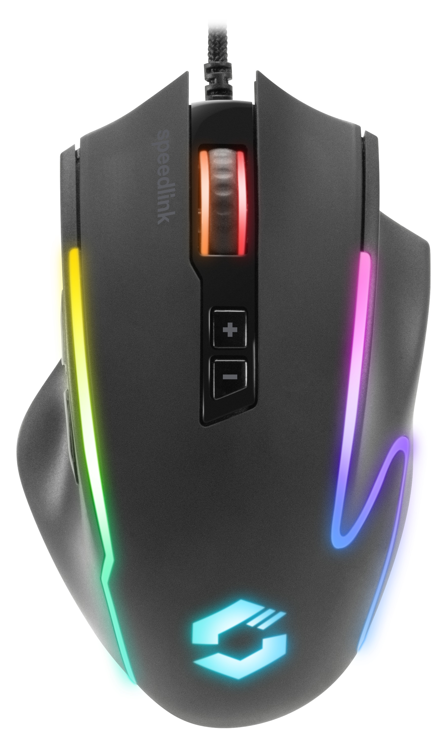 Eine schwarze Gaming-Maus mit mehrfarbigen LED-Leuchten. Sie hat Tasten und ein Scrollrad und befindet sich auf weißem Hintergrund.
